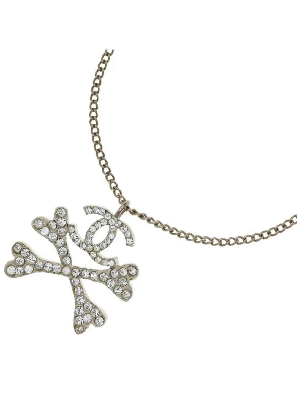 Chanel CC Logo Rhinestone Crossbone Pendant Chain Gold Necklace